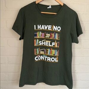 Book Green shirt Graphic tee with Book shelf ladies XL
